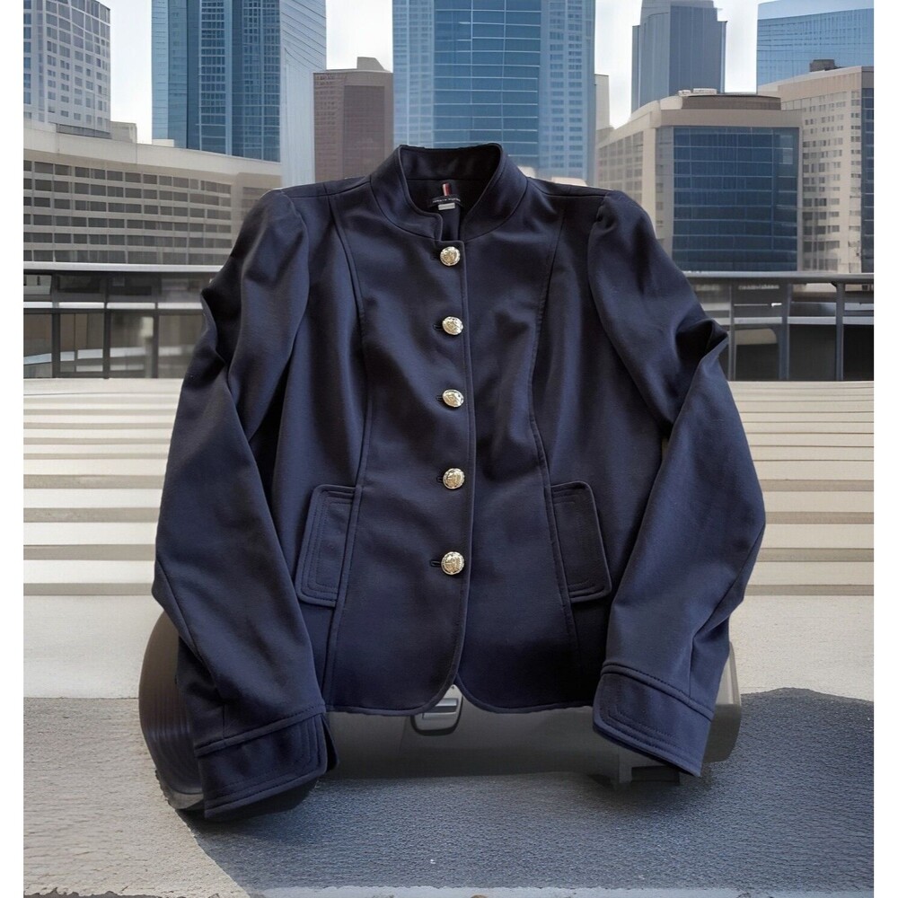 Tommy Hilfiger Knit Blazer Jacket Navy Blue Silver Button Pockets Ladies Size 10